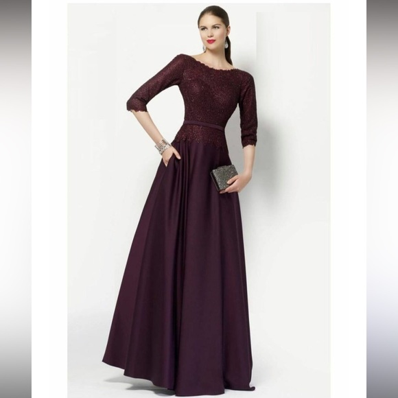 Alyce Paris Quarter Sleeved Bateau Neckline Crepe Lace A-Line Dress 27099 - Picture 1 of 9